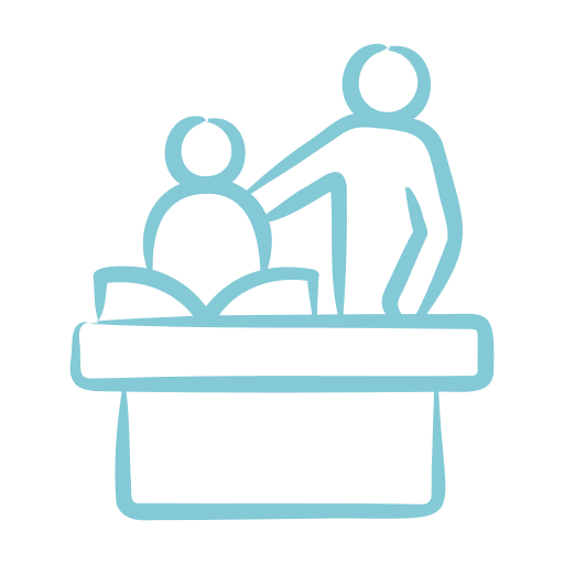 Two outlined figures, one sitting with an open book on a desk and the other standing beside them.